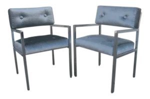 1970s Modern Chrome Armchairs in Greek Key Velvet Upholstery - a Pair