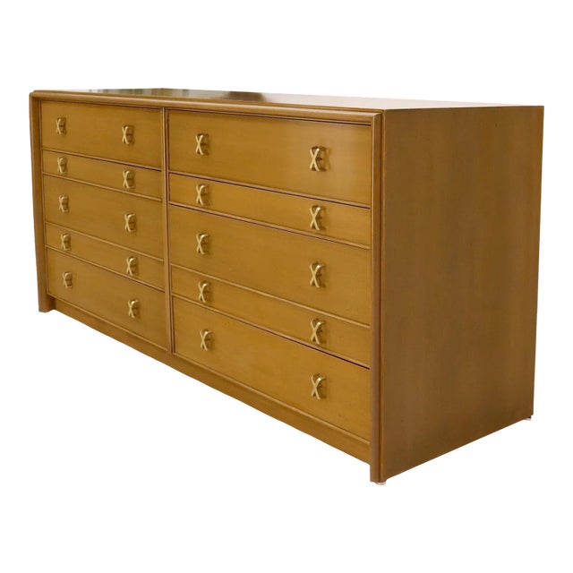 Paul Frankl for Johnson Furniture 10 Drawer Double Dresser Solid Brass X Pulls For Sale