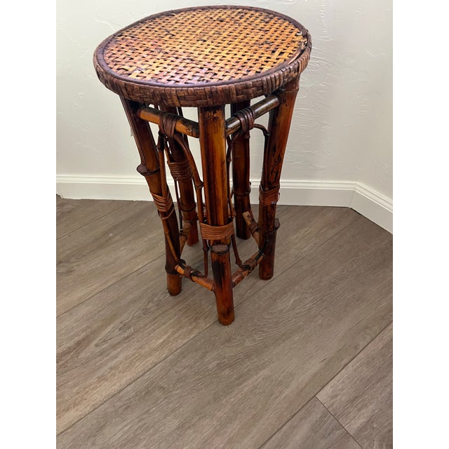 Vintage-Style Burnt Bamboo and Rattan Plant Stand -Accent Drink Side Table For Sale - Image 10 of 12