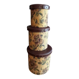 Late Set of 3 Beige Rose Pattern Tapestry Nesting Wooden Boxes