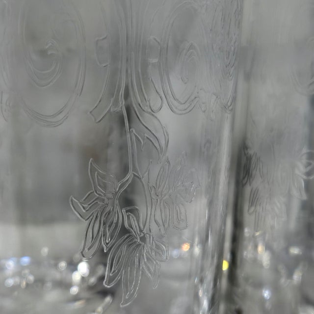 Transparent Vintage Etched Floral Highball Glasses With Silver Overlay Scroll Rims and Bubble Bases, Set of 8 For Sale - Image 8 of 11