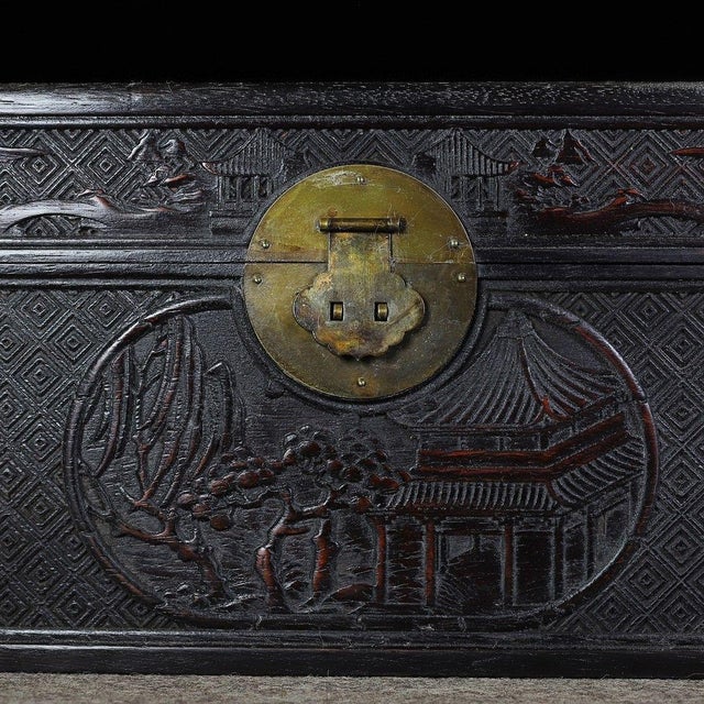 Black 19Large Hand-Carved Dark Wood Treasure Box With Brass Hardware & Landscape Motif For Sale - Image 8 of 9
