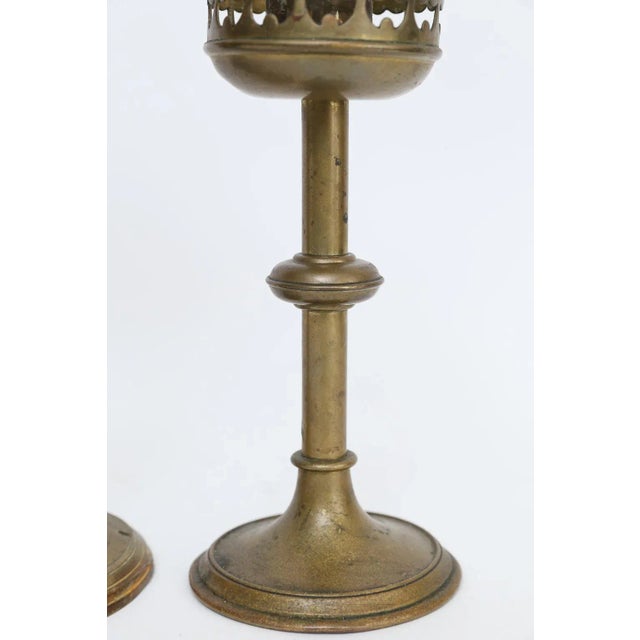Gothic Antique French Gilt Brass Altar Candlesticks - Set of 3 For Sale - Image 3 of 11
