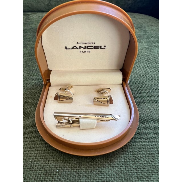 Late 20th Century Rare Vintage “Lancel” Paris Gold Plate & Steel Cufflinks & Tie Bar Original Case For Sale - Image 5 of 10