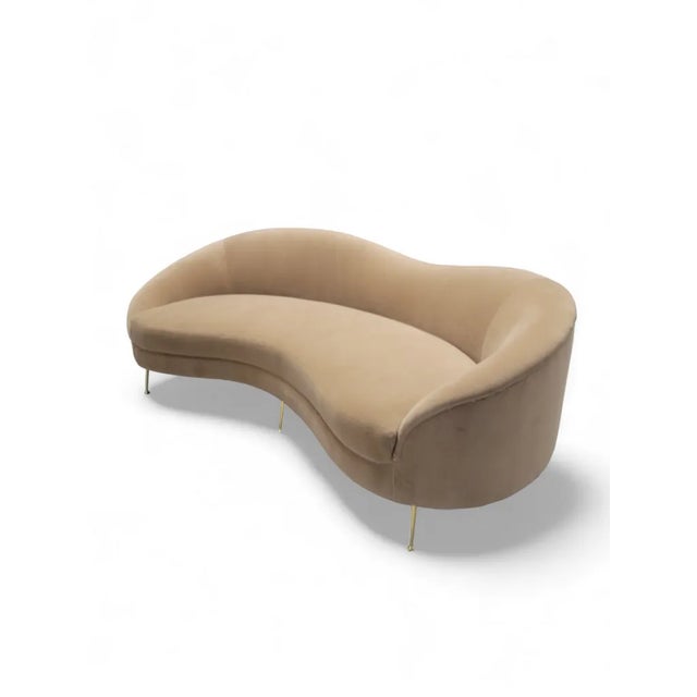 Mid Century Modern Bruno Munari Style Curved Italian Sofa Newly Reupholstered in Italian Plush Camel Mohair Velvet For Sale In Chicago - Image 6 of 9