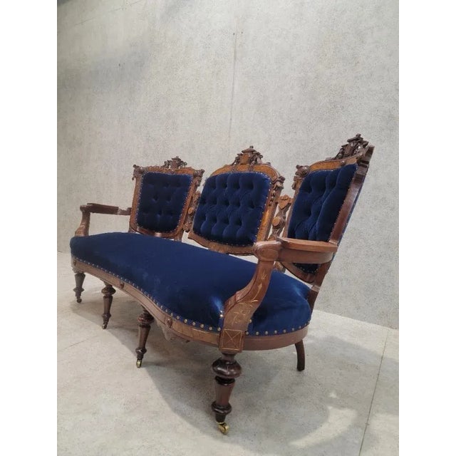 Wood Antique Victorian Eastlake Style Carved Tufted Parlor Settee Newly Reupholstered in Blue Velvet For Sale - Image 7 of 11