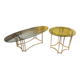 1990s Vintage Modern Brass and Glass Tables, a Set For Sale