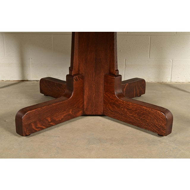 Gustav Stickley Style Antique Mission Oak Arts & Crafts Pedestal Extension Dining Table, Newly Refinished For Sale - Image 11 of 12