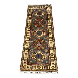 Charcoal Gray and Cream Kazak Wool Runner Rug With Tribal Motifs, 2'8" X 6'8" For Sale