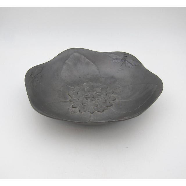 Dark Gray Art Nouveau Kayserzinn Bowl With Water Lily and Dragonflies For Sale - Image 8 of 10