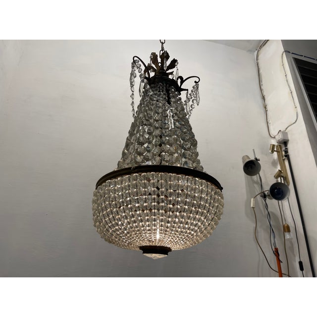 Glass Bronze Crystal Basket Chandelier, 1940s For Sale - Image 7 of 10