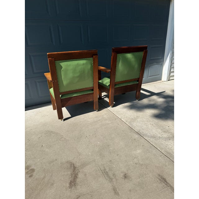 Wood Pair of Antique Oversized Mission Style Oak Armchairs For Sale - Image 7 of 7