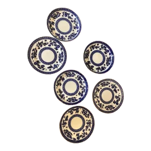 6 Antique Coalport Blue and White Porcelain Saucers and Dessert Dishes- a Set