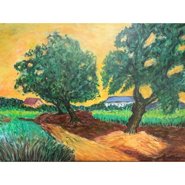 Gorgeous, vibrant impressionist landscape in a style very reminiscent of Van Gogh’s work. Nice size too- blond wood frame...