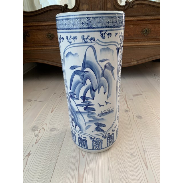 Chinoiserie Vintage Blue & White Chinoiserie Umbrella Stand For Sale - Image 3 of 10