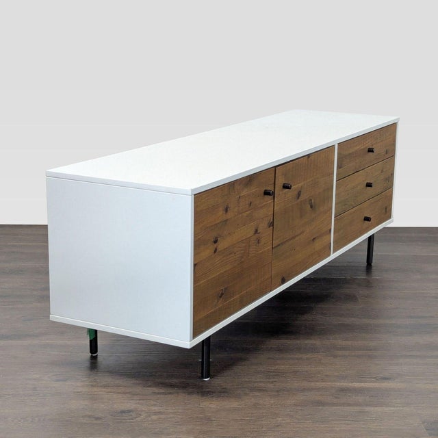 Mid-Century style reclaimed wood and lacquer media console with metal base and hardware. Brand: West Elm. Original Price:...