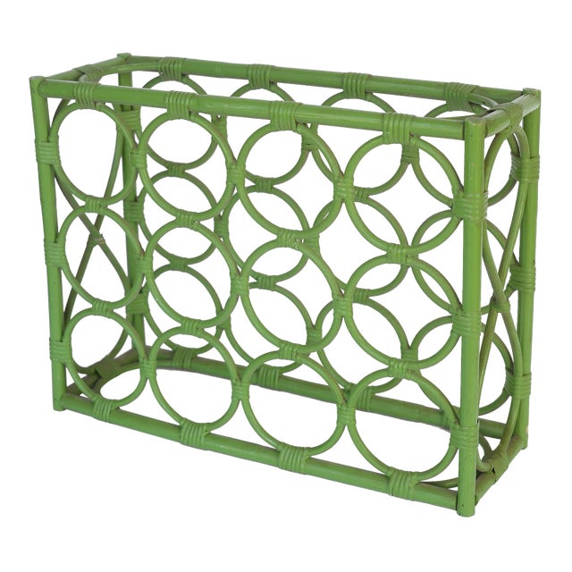 Vintage 1970s Boho Green Rattan 12-Bottle Wine Rack For Sale