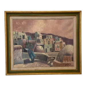 Vintage American Southwest Landscape Impressionist Framed Original Painting on Canvas, Mauve, Rose, Teal and Sea Foam Green