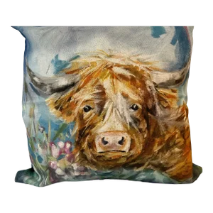 16" Square Pillow Decorated With the Portrait of a Majestic Highland Cow - Made in the U K