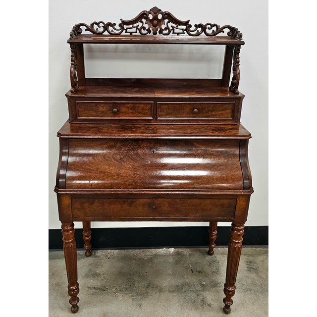 Regency Style Crotch Mahogany and Tooled Leather Two Part Lady's Writing Desk For Sale - Image 4 of 12
