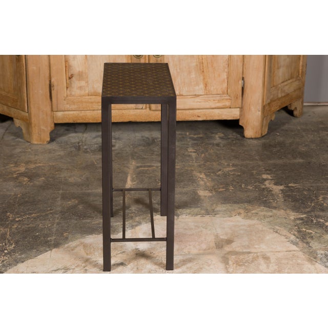 Contemporary Narrow Side Table with Louis Vuitton Leather Top and Custom Metal Stand For Sale - Image 3 of 11