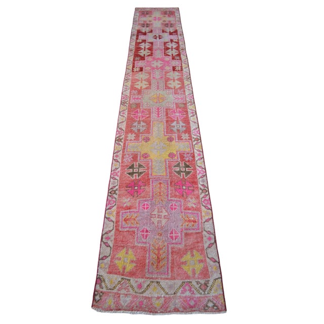 Vibrant Turkish Runner 2x12 Long Narrow Rug Vintage Pink Hallway Oriental Carpet For Sale - Image 9 of 15
