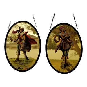 Pair of Mid 20th Century Reverse Painted Dutch Renaissance Musicians Flute Drum Sun Catchers