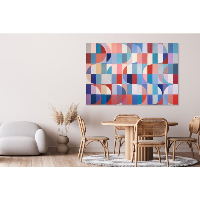 Textile 2026, Bauhaus Painting on Canvas in Blue and Red, Against the Current, Geometric Arches and Curves by Natalia Roman For Sale - Image 7 of 8
