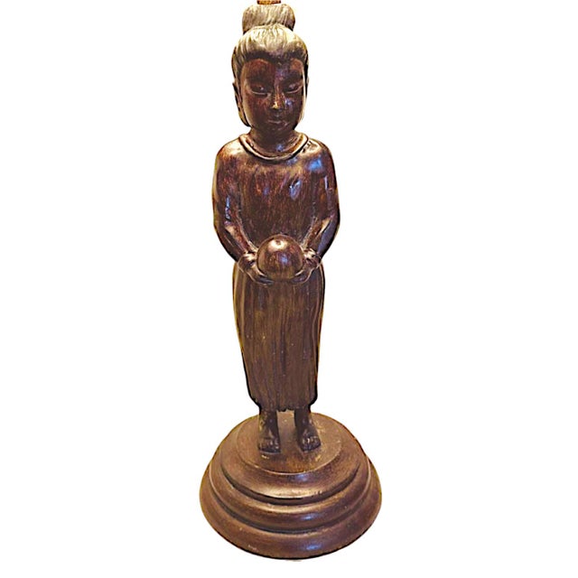 Textile 1970s Hand Carved Balinese Figural Table Lamps in the Style of James Mont - A Pair For Sale - Image 7 of 12