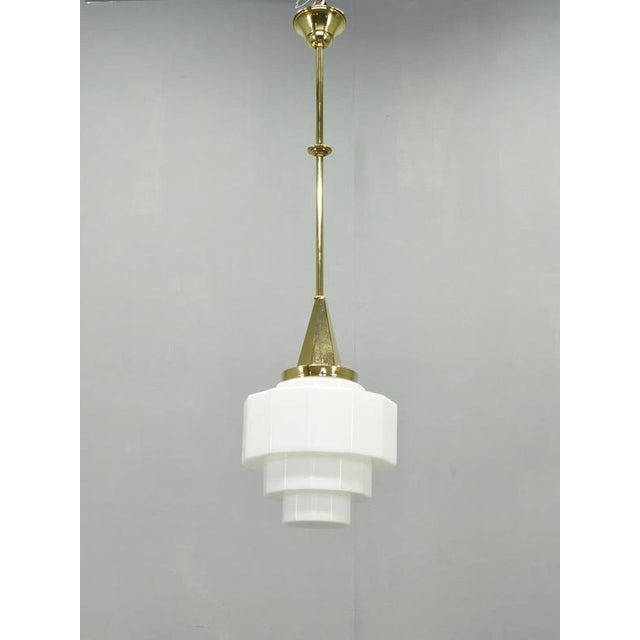 Art Deco Brass Pendant with Geometric Opaline Glass, Former Czechoslovakia, 1930s For Sale - Image 4 of 16