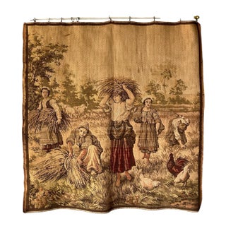 Vintage French Medieval-Style Farmhouse Wheat Harvest Square Wall Tapestry For Sale
