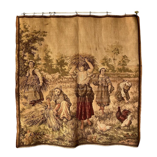 Vintage French Medieval-Style Farmhouse Wheat Harvest Square Wall Tapestry For Sale