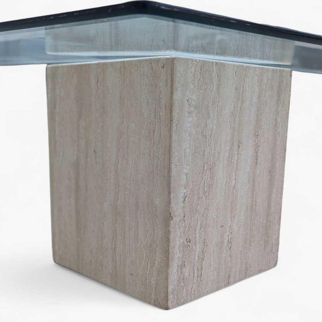 Antique White 1980s Postmodern Glass Coffee Table With Travertine Base For Sale - Image 8 of 18