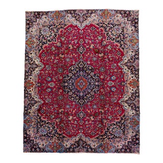 1960s Mashad Persian Medallion Wool Rug Handmade in Red For Sale