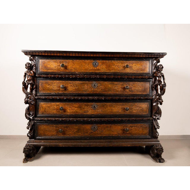 Bergamo Chest of 4 Drawers with Winged Caryatids, Early 17th Century For Sale - Image 4 of 9