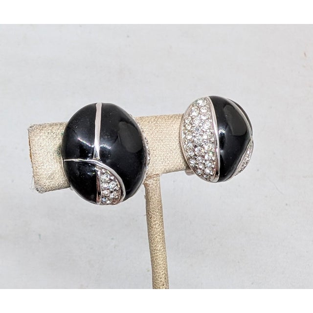 Vintage 1980s Signed Courreges Paris Round Black Enamel & Pavé Clear Rhinestone Clip Earrings-2 Pieces For Sale - Image 4 of 7