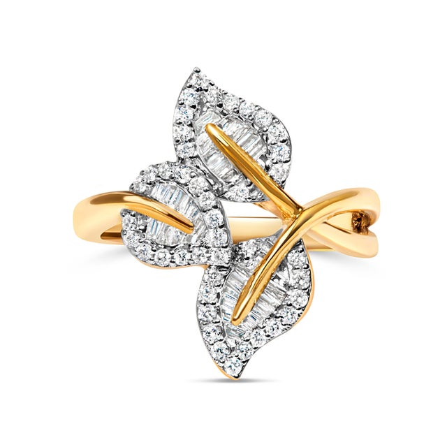 Contemporary 18K Yellow and White Gold Plated .925 Sterling Silver 3/8 Cttw Baguette and Round Diamond Bypass Triple Leaf Ring (I-J Color, I1-I2 Clarity) - Size 5 For Sale - Image 3 of 6