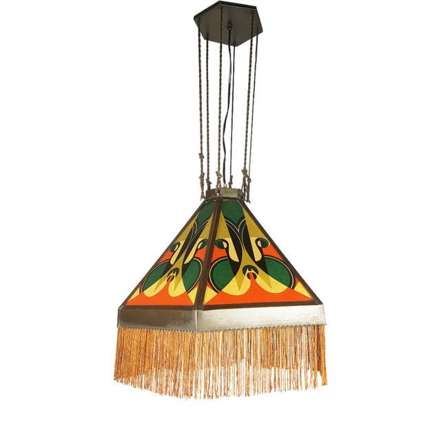 Art Deco Copper & Printed Glass Pendant Lamp attributed to the Amsterdam School, 1920s For Sale