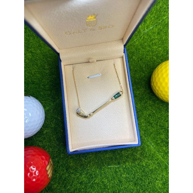 Metal Diamond Green Malachite Golf Club Birdie Jewelry 18 Karat White Gold Charm Pendant Necklace For Sale - Image 7 of 10