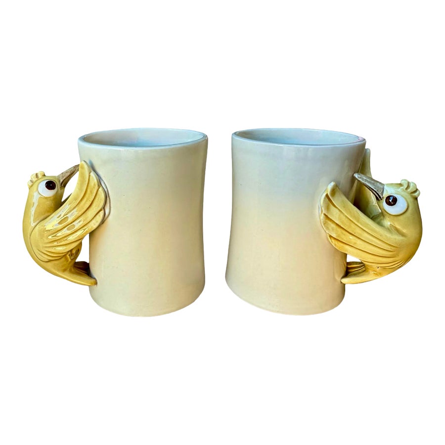Fitz and Floyd Vintage 'Bird in Hand' Ceramic Mugs, Pair | Chairish