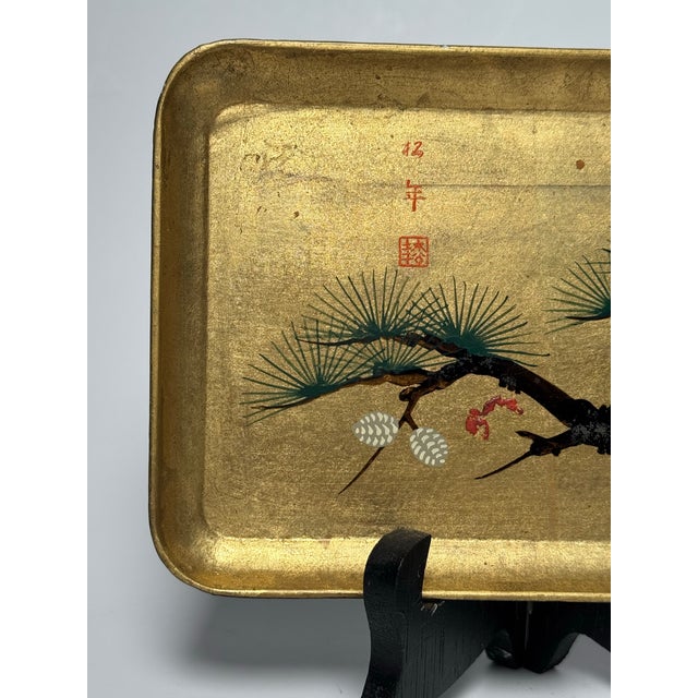 Japanese Vintage Japanese Hand Painted Lacquerware Tray on Gold Leaf & Stand For Sale - Image 3 of 12