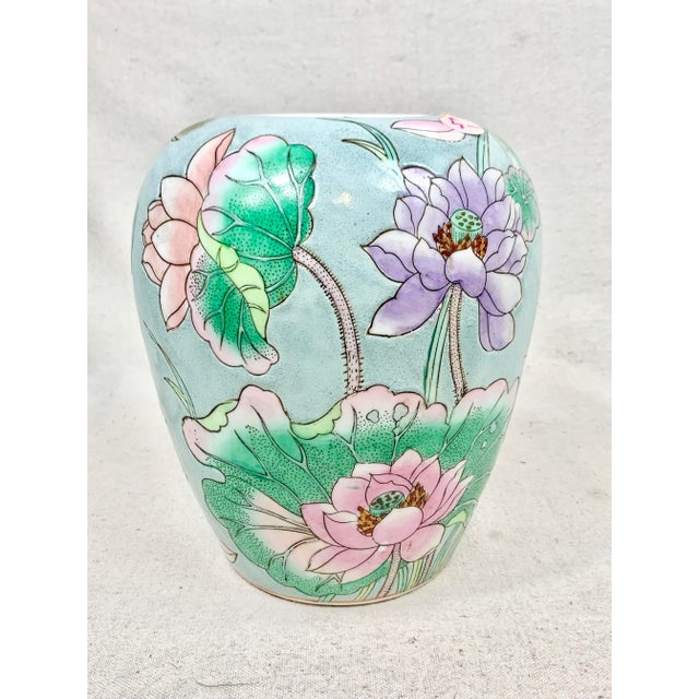 Vintage Late 20th Century Pastel Waterlily Chinoiserie Vase For Sale - Image 13 of 13