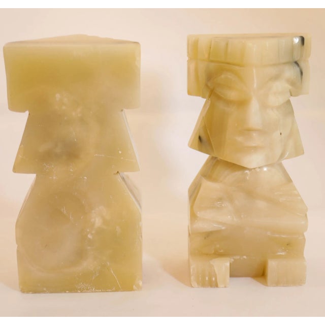Vintage Carved Mexican Aztec Mayan Figure Onyx Stone Bookends 1950s For Sale In Palm Springs - Image 6 of 12