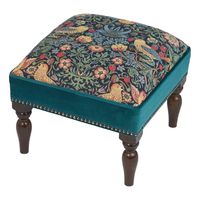 Strawberry Thief Teal Upholstered Stool With Velvet Sides For Sale