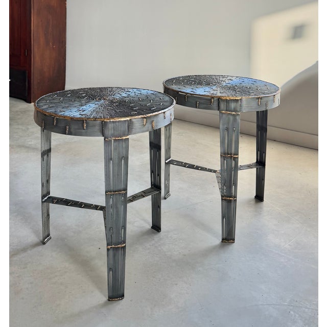 Round Pair of Hand-Welded Steel Rod Brutalist Tables, Set of Two, Tripod Legs For Sale - Image 10 of 17