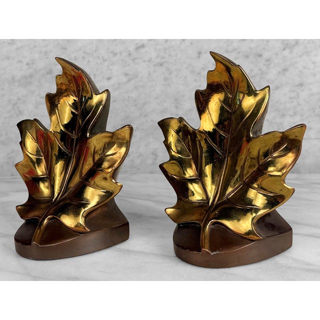 Vintage Traditional Gold Gilded Metal Maple Leaf Library Bookends - A Pair For Sale - Image 6 of 7