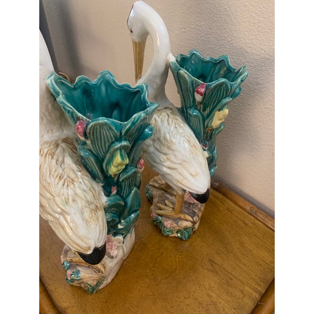 Early 19th Century Large Majolica Bird Stork, Heron or Crane Vases