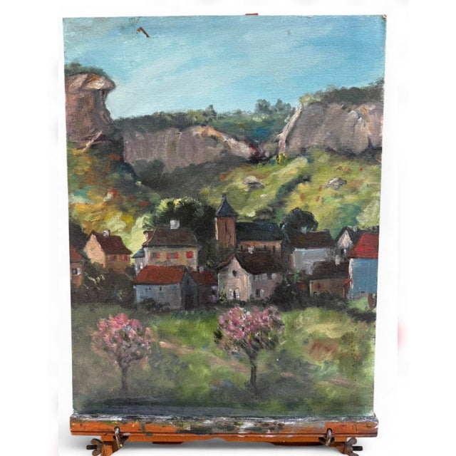 Vintage 1960's Plein Air Oil on Canvas, 18 X 14 in (45.72 X 35.56 cm) "Le Village Perchere" (The Perched Village)...