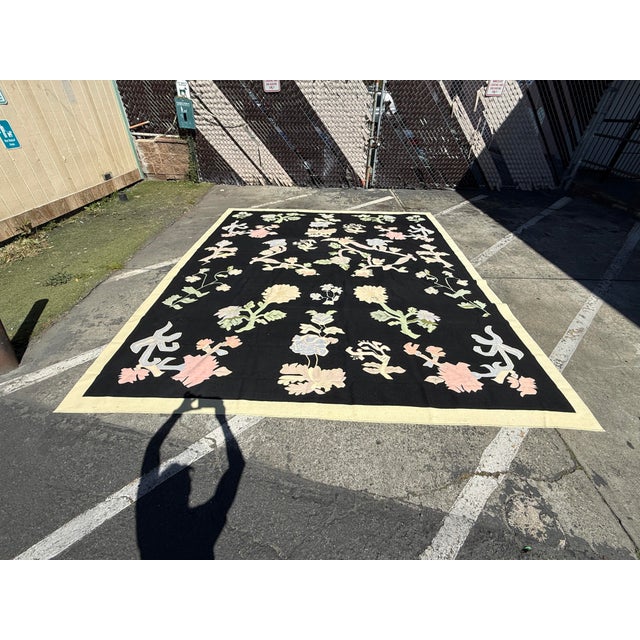 Black 11ft 8in × 13ft 11in Strack Romania Botanical Kilim Area Rug, Circa 1990 For Sale - Image 8 of 12