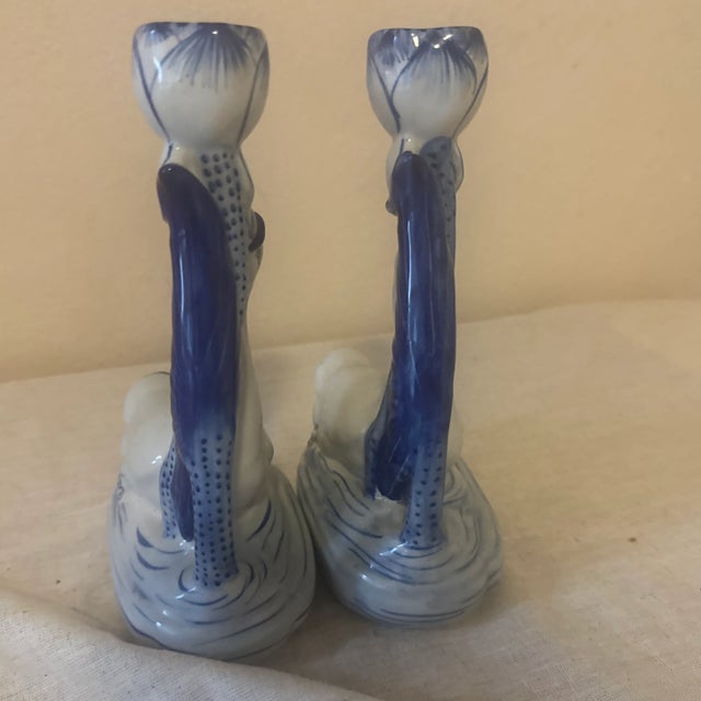 1990s Blue and White Ceramic Swan Candlestick Holders For Sale - Image 4 of 6